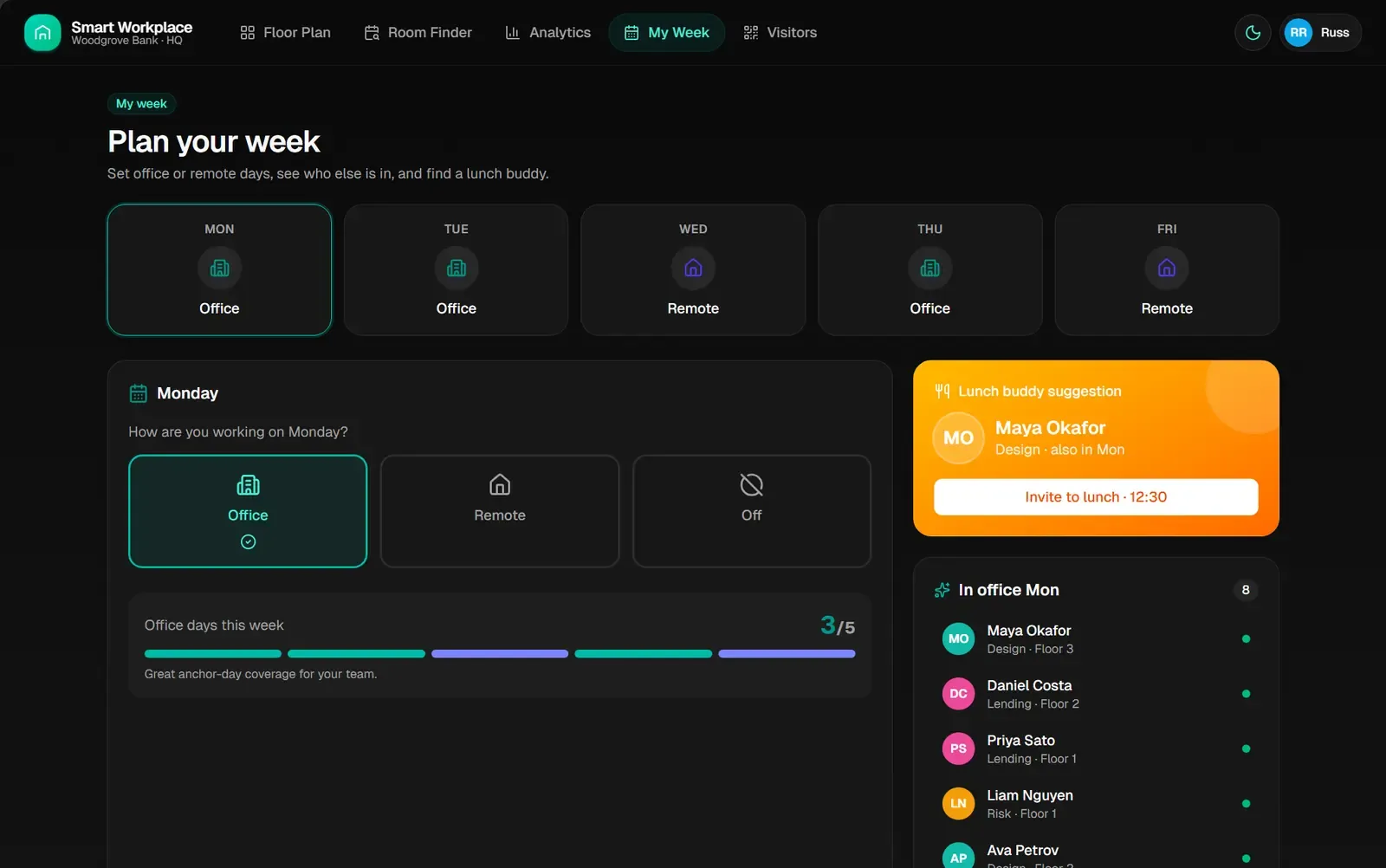 Smart Workplace My Week planner with office and remote days for Monday through Friday and a lunch buddy suggestion.