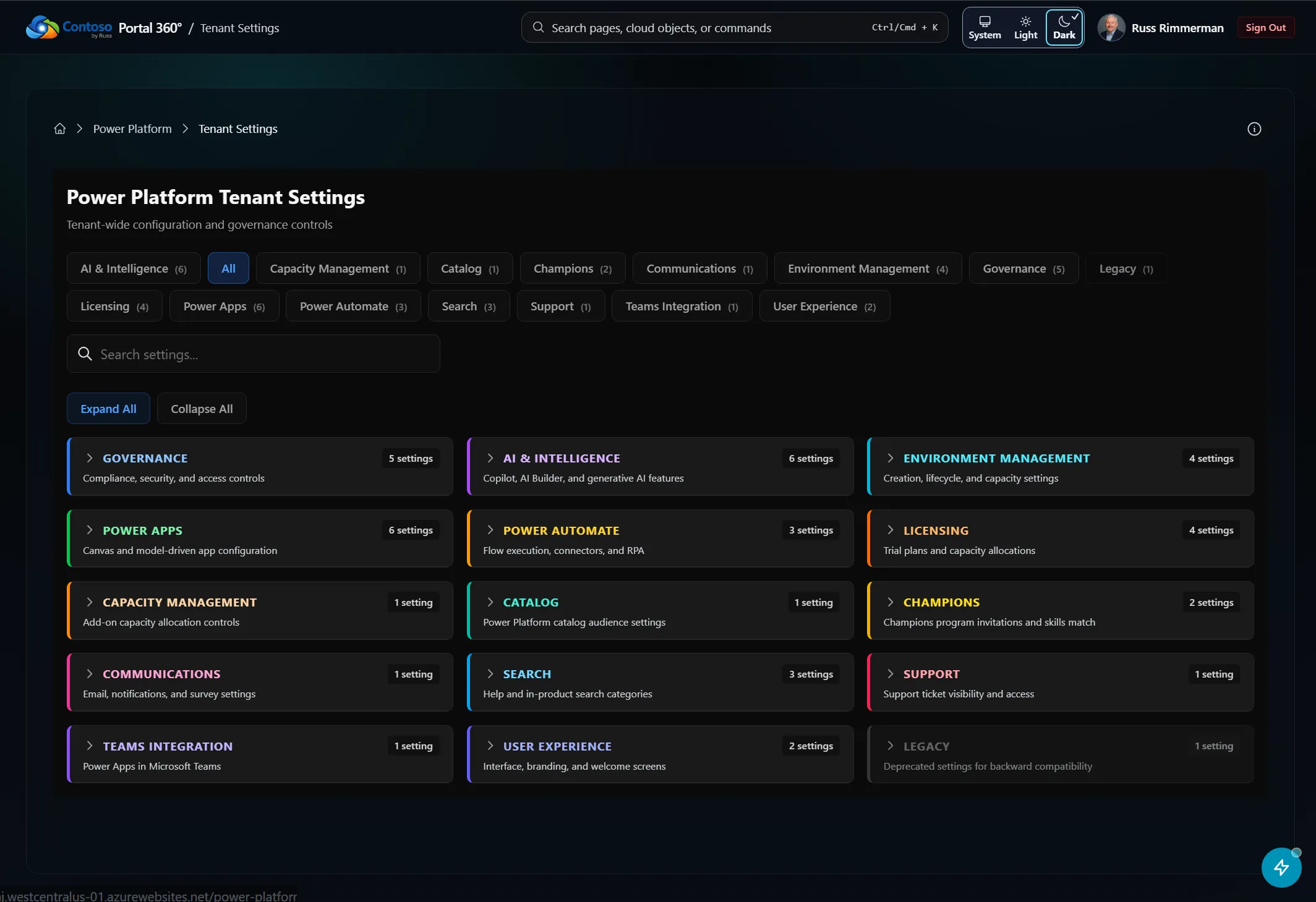 Portal 360 Power Platform Tenant Settings page with configuration categories for governance, AI and intelligence, environment management, Power Apps, Power Automate, and licensing