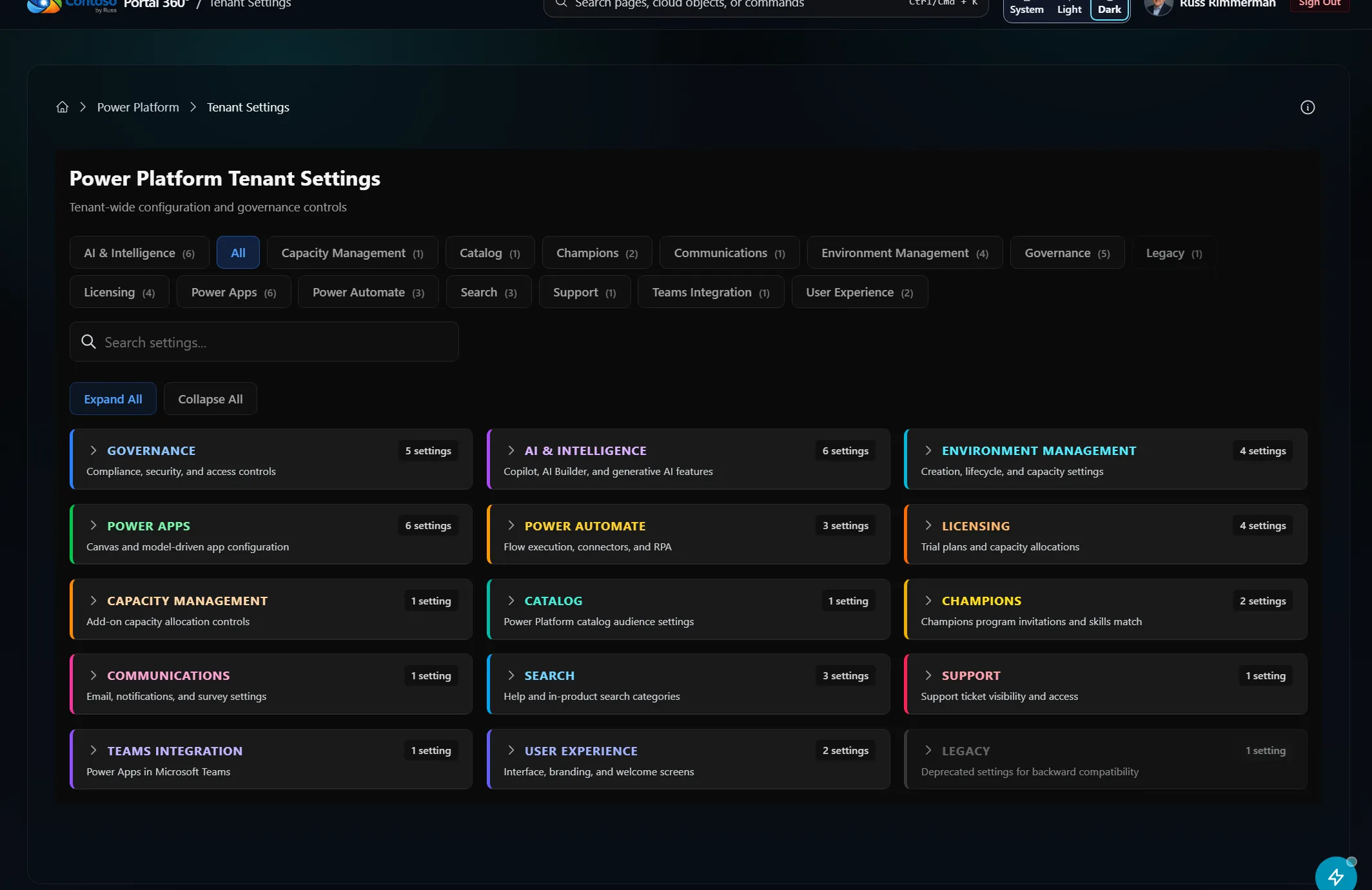 Portal 360 Power Platform Tenant Settings page with categories for Governance, Power Apps, AI & Intelligence, Environment Management, and more