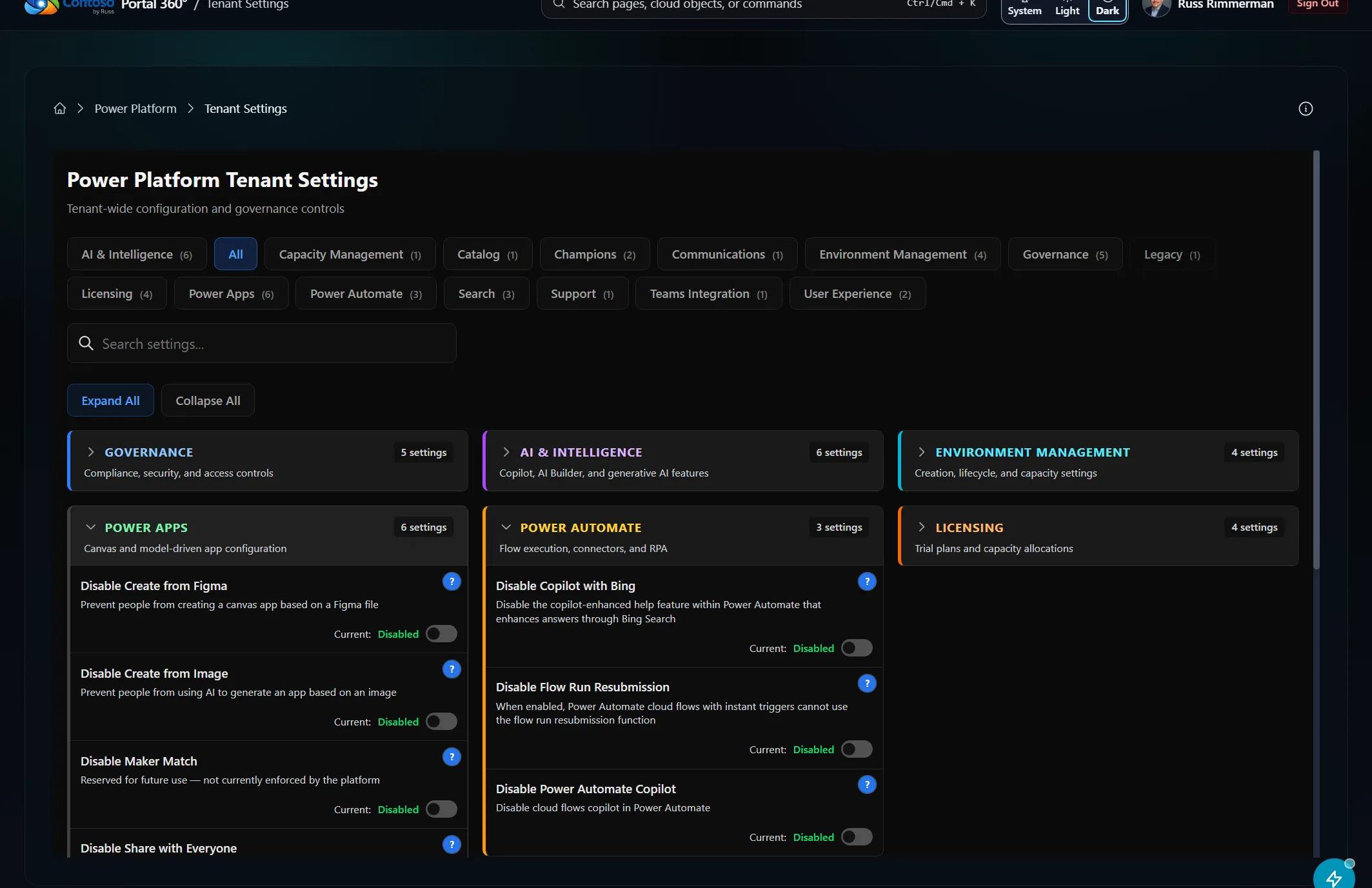 Portal 360 Tenant Settings page with the Power Apps category expanded, showing individual boolean toggles with their current values