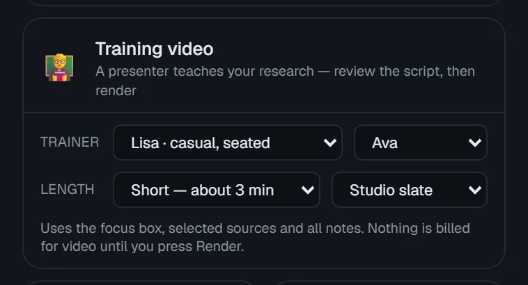 Training video card in the Studio panel with trainer, voice, length, and background pickers, and a note that nothing is billed for video until Render is pressed.